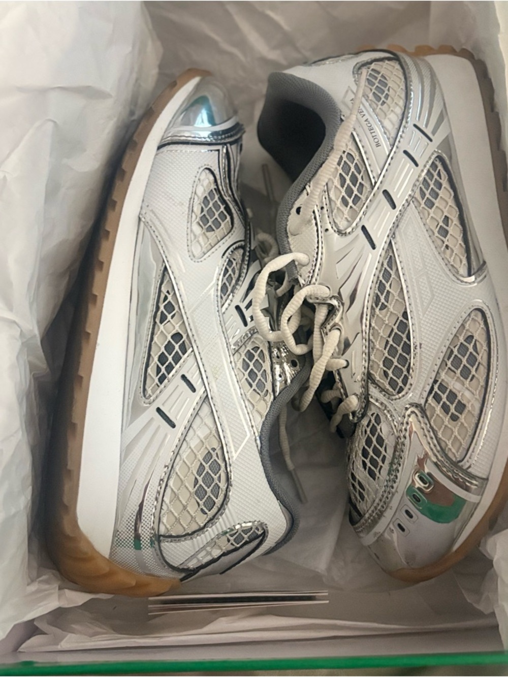 Bottega Veneta Silver White Metallic Mesh Sneakers with Gum Sole